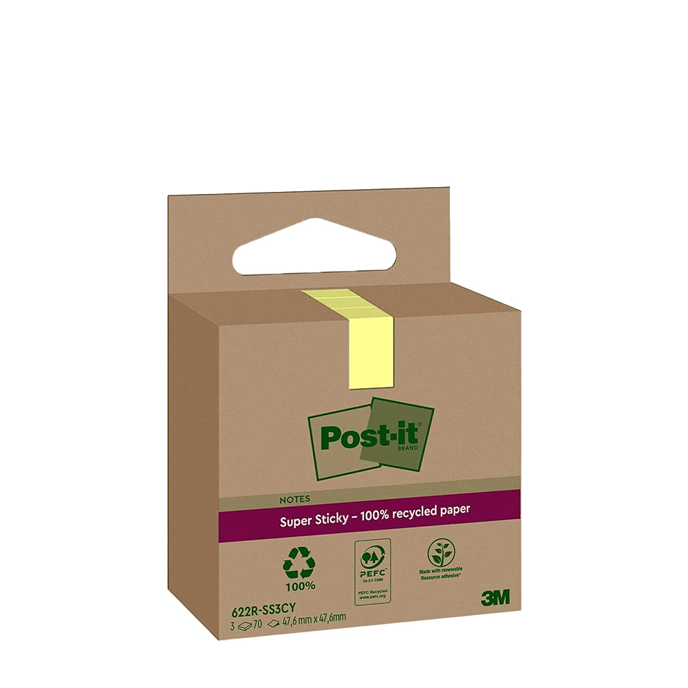 Post-it Super Sticky Recycling Notes 47,6 x 47,6 mm gelb (3 Blöcke)