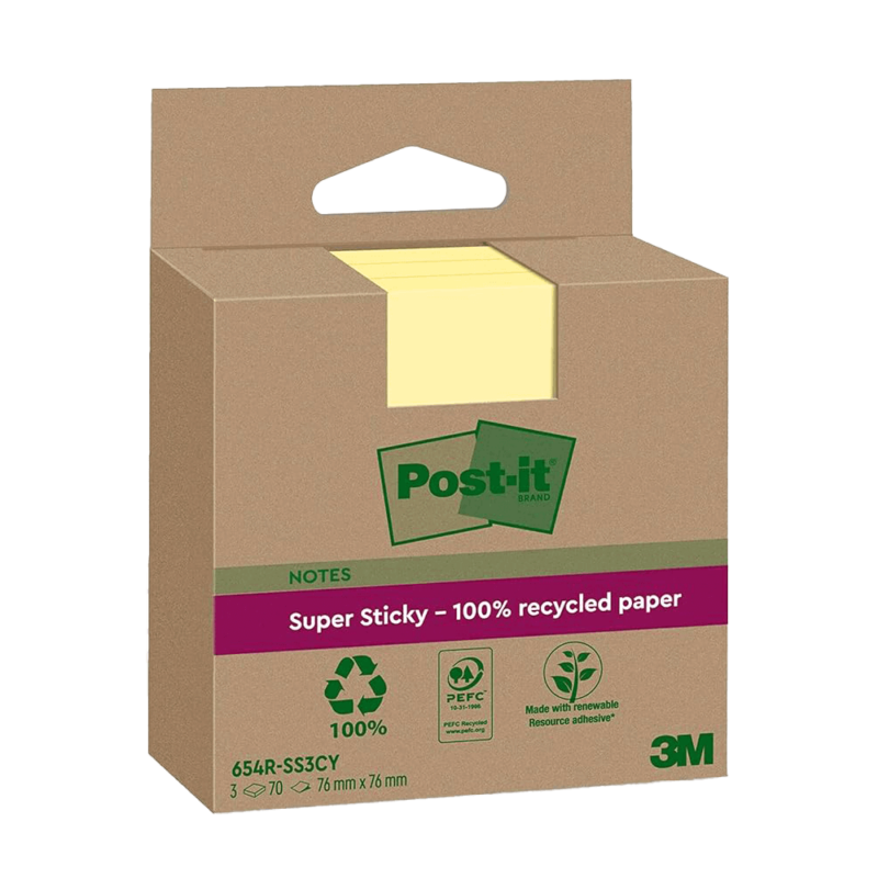 Post-it Super Sticky Recycling Notes 76 x 76 mm gelb (3 Blöcke)